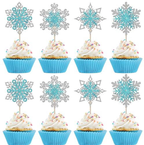 Xsstarmi 24 Stück Schneeflocke Cupcake Toppers Glitzer Silber Blau Winter Wonderland Cupcake Picks Double Layers Snowflake Cake Decorations for Winter Theme Baby Shower Birthday Party Decorations