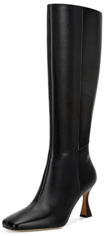 Dsevht Black Leather Knee High Boots for Women Stiletto Kitten Heeled Sexy Long Tall Boots Square Toe and Side Zipper Design Fashion Dress Boots