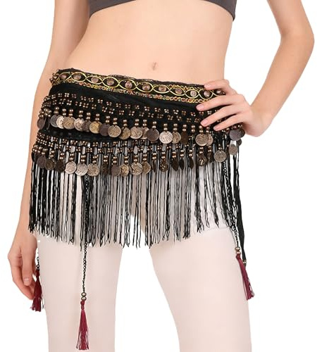 Baisdan Belly Dance Hip Scarf, Tribal Belly Dance Belt Skirt with Tassel Fringe Coins Flannel Shawl Wraps Belts for Women and Girls Black L