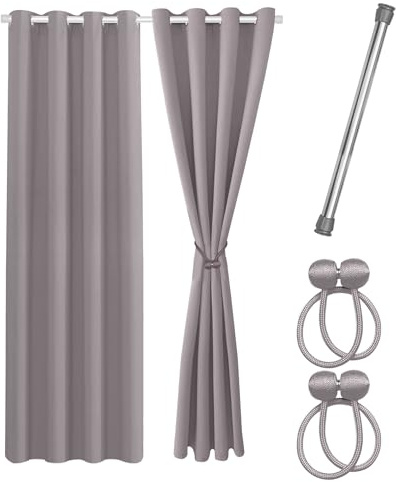 Cozyor Praktisches Set ohne Bohren: 2X Vorhang + 1x Klemmstange Silber 111-200 cm + 2X Raffhalter mit Magnet Blickdicht & verdunkelnd, als Raumteiler, Fenster & Tür Hellgrau Thermovorhang 160x135cm