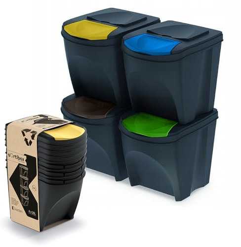 magubo Poubelle à 3 compartiments, système de tri sélectif à 3 compartiments, de qualité supérieure, robuste et spacieuse, 3 x 25 l, pour un tri efficace des déchets, noire, 3 x 25 l (Noir, 4x25L)