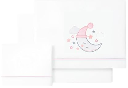 various Set Lenzuola Lettino Neonato 60x120 cm, 100% Cotone Extra Morbido, Include Lenzuolo con Angoli, Lenzuolo Sopra e Federa, Biancheria Letto Bambino Traspirante luna colore BCO/rosa