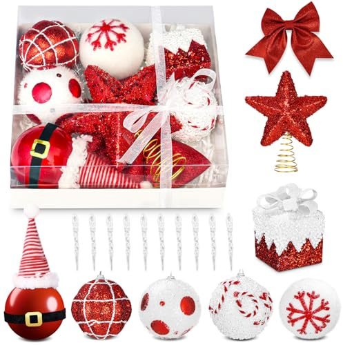 Weihnachtsdekoration Set, 18 x 8 cm PVC Plastik Christbaumkugeln, Splitterfreie Weihnachtsdekoration, Rote und weiße Klassische Christbaumkugeln, Dekorative Wandbehänge Festliche Ornamenten
