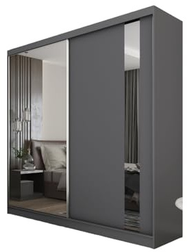 Margaret Hadas24 Kleiderschrank Gabo mit Spiegel, Organizer, Mehrzweckschrank, Schwebetürenschrank, Garderobenschrank, Kleiderstange, Kleiderständer, Flurschrank, Garderobe, Schrank, Graphit, 200 cm