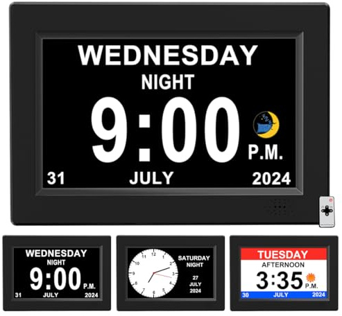 CAZOKASI 8inch Extra Large Impaired Vision Digital Alarm Clock with Day and Time for Elderly Calendar Clock No Battery Plug-in Power Outage Memory DST Auto Dimmable Clock