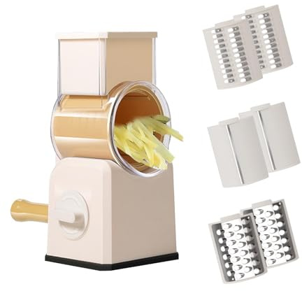 Rallador de queso giratorio, rebanadora de verduras rotativa de corte rápido, cortador de verduras de tambor multifuncional con 6 cuchillas, trituradora de patata doméstica para zanahorias, verduras