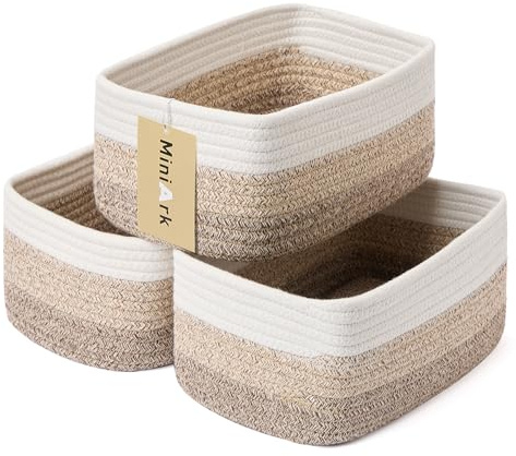 MiniArk Small Storage Baskets for Organizing | Closet Organizer Bins | Shelf Toy Basket | Woven Rope Baskets | Cube Decorative Box | Shallow Basket |11.5x7.5x4.7”| 3 Packs Gradient Brown