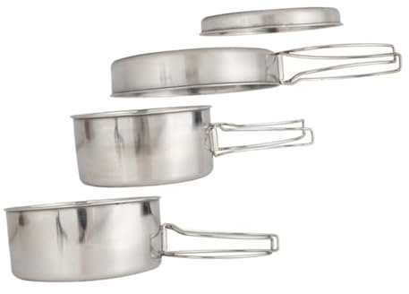 NULYLU Set Pentole da Campeggio in Acciaio Inossidabile Portatile 4 Pezzi, Padella e Pentola per Cucina da Esterno, Leggero e Compatto per Picnic, Escursionismo e Attività All’aperto