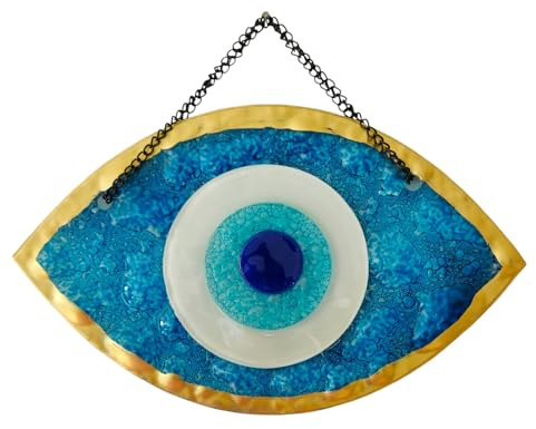 MYSTIC JEWELS - Ornamento decorativo per occhi turchi, vetro blu e bianco, amuleto portafortuna con cornice dorata, 3 dimensioni (Grande)