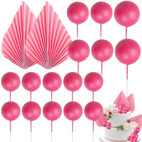 Xsstarmi 30 Pack Pink Paper Palm Fan Cake Topper Pink Balls Cake Pick Wedding Bridal Shower DIY Cake Decorations for Baby Shower Wedding Birthday Anniversary Party Supplies