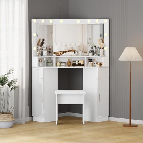 Corner Dressing Table with Mirror and Stool High Gloss Vanity Desk with Mirror 2 Drawers 2 Cabinet with Adjustable Shelves LED Lighting Makeup Desk Table White Modern Vanity Dressing Table