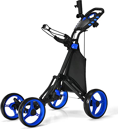 LIFEZEAL Golftrolley mit 4 Rädern, Golf Push Cart mit Fußbremse, Golfcaddy mit Aufbewahrungstasche & verstellbarem Griff, 110 x 65 x 100 cm (Blau)