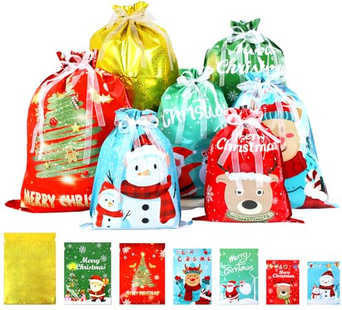 26PCS Christmas Drawstring Gift Bags, Christmas Wrapping Gift Bags Large Medium Small Xmas Bags for Present Xmas Candy Treat Presents Bags For Holiday Decorations