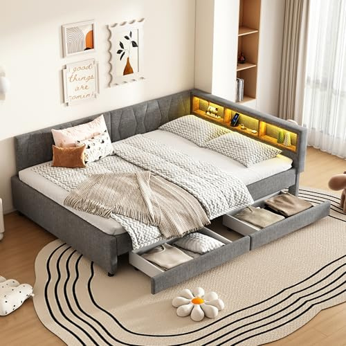 Lcoho Daybett, 140x200cm, Tagesbett, Schlafsofa, Ablagefach am Bett, USB+Typ C, Mit LED-Lichtleiste, mit Zwei Schubladen, mit Lattenrost (ohne Matratze), Leinen, Grau