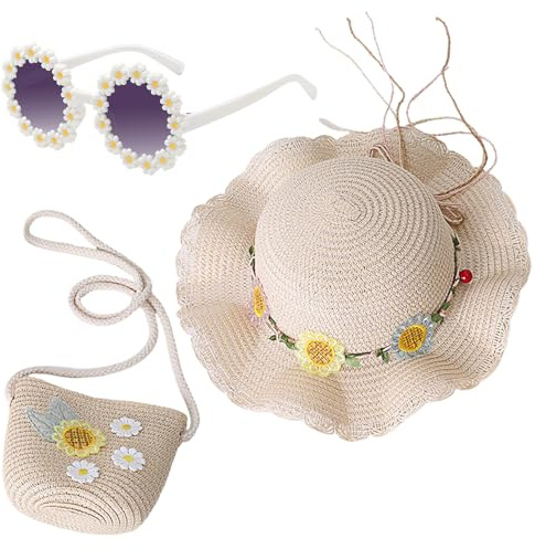 Nievajio 3 pezzi cappello da sole da bambina e borsa a maglia di paglia, set di protezione solare per bambini, cappello estivo con decorazione floreale per turismo, vacanze, viaggi, spiaggia, attività