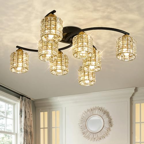 JUJUQI Moderne Kristall Deckenleuchte Vintage Schwarze und Gold Deckenlampe 8-Lichter Design Luxus K9 Kristall Kronleuchter für Schlafzimmer Wohnzimmer Esszimmer