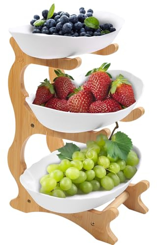 Gemsaya Obst Etagere mit 3 Etagen, Kunstsoff Obstschale mit Bambusständer | Stabil & Ohne zu Zittern, Weiß Servierständer für Buffet, Gemüse, Obst, Desserts, Snacks, 28 x 19 x 35 cm