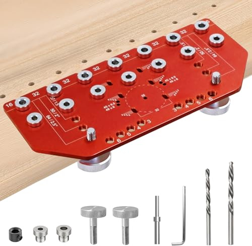 2-in-1 Regalstift-Vorrichtung und Scharniervorrichtung, Aluminium, verstellbare Regalstift-Bohrvorrichtung für 5 mm und 1/4 Zoll gerade Löcher, Regallochvorrichtung für Heimwerker, Schrank