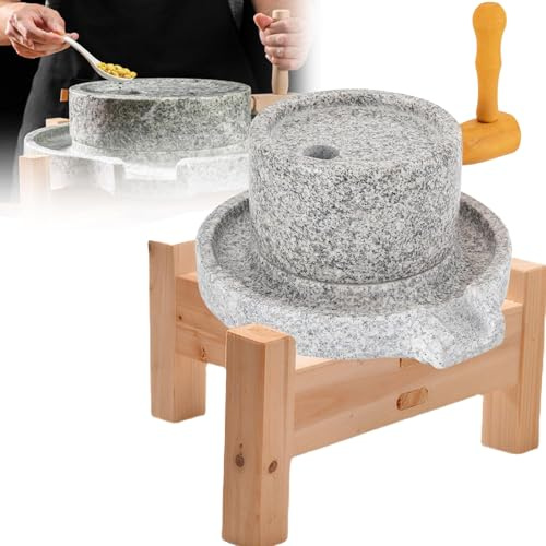 Manual Stone Grain Mill with Stand & Hand Crank, Natural Wet Dry Cereal Grinder for Soy Corn Beans Barley Spice, Household Food Mill
