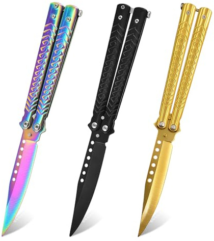 Sporgo 3 Stück Butterfly Messer: Butterfly Trainer Ungeschärfte Klinge Übungs Butterfly Kamm, Edelstahl Butterfly Knife Trainer für Trainingsmesser Anfänger übt Flipping-Tricks (Schwarz+Gold+Farbe)