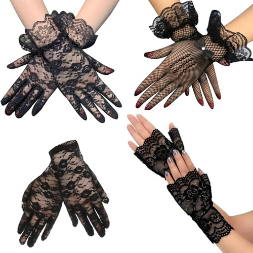 Vonokee 4 Pairs Black Lace Gloves,Tea Party Elegant Short Vintage Glove for Women Dressy Wedding Party And Halloween Accessory