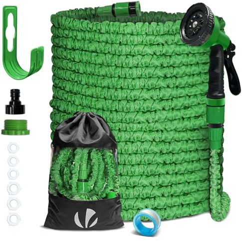 VOUNOT Flexibler Gartenschlauch 45 m, Flexibel Wasserschlauch Dehnbarer mit 10 Sprühfunktionen, 1/2 Zoll und 3/4 Zoll Schnelladaptern, Aufbewahrungstasche inklusive, Grün