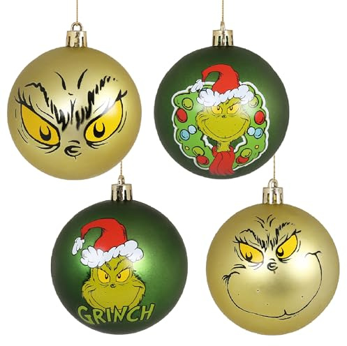 Grinch Set Weihnachtsbaumkugeln, Unzerbrechliche, Kunststoff Weihnachtsbaumschmuck 8 cm, 4 Stück Set (H)