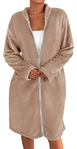 Vhersily 2026 Robe de chambre d'hiver pour femme avec fermeture éclair, chaude en peluche avec poches, confortable linge de nuit à manches longues peignoirs de salon légers mode chaud doux sexy