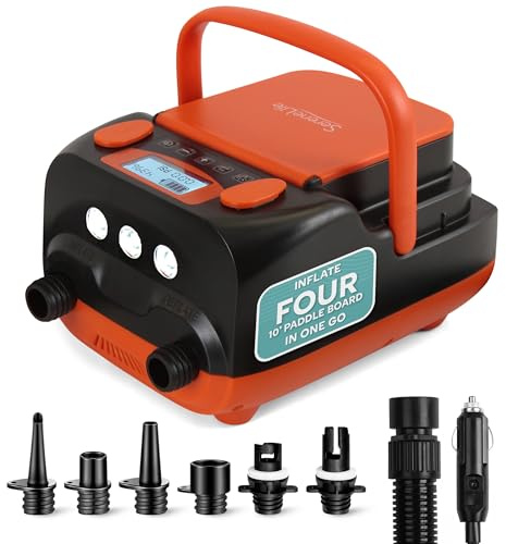 SereneLife Paddle Board Electric Pump - Portable 16 PSI Dual-Stage SUP Pump for Super Fast Inflation/Deflation, Rechargeable Battery, Auto-Off, LCD Display - for SUP, Boats & Inflatables