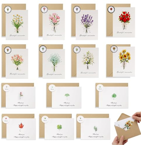 CQXSYTBN Biglietti di Ringraziamento Set 14 Pezzi con Buste Adesivi Floreali Biglietti Pieghevoli Carta Resistente Design Fiori Selvaggi per colleghi Insegnanti Amici Occasioni Varie