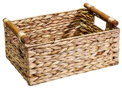 VOSAREA Cesta Multiusos de Ratán Diseño Vintage y Asa, Caja Abierta para Almacenamiento de Frutas y Pequeños Objetos para Hogar y Establecimientos