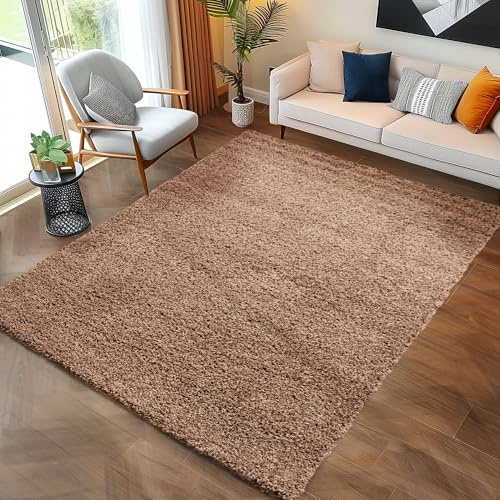 Carpettex Shaggy-Teppich, Hochflor, Wohnzimmer, Florhöhe 3 cm, einfarbig, Mokka, 120 x 170 cm