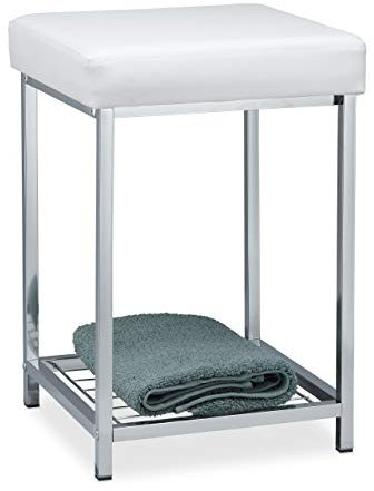 Relaxdays, weiß Hocker gepolstert, Kleiner Sitzhocker, Quadratisch, Polsterhocker mit Ablage, Badhocker, HBT 47x33x33cm