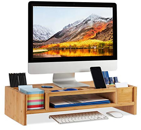 Relaxdays Monitorständer, Bildschirmständer aus Bambus, 14 Fächer, ergonomischer Monitorerhöher, HBT 15x65x28 cm, natur, Braun