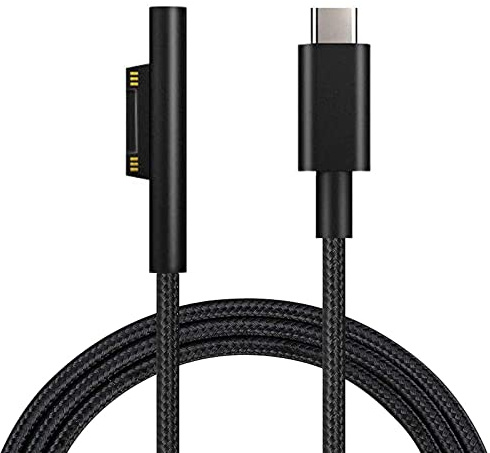 Sisyphy Nylon Geflochtenes Ladekabel für Microsoft Surface Pro 7/6/5/4/3 Go3/2/1 Laptop 4/3/2/1, muss mit USB-C Ladegerät 45W 15V 3A (Schwarz, 1,8m)
