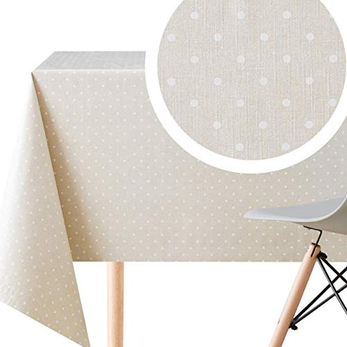 KP HOME Abwischbare PVC Tischdecke Rechteckig 250 x 140 cm, Wasserdichtes Wachstuch, Esstischdecke, Pflegeleicht, Creme Beige mit Weißem Punktmuster, Retro Gepunktet Tupfen, Tischdecke für 8 Personen