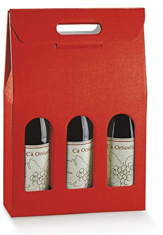 5 scatole per 3 Bottiglie Vino Verticali Modello bordolese, borgognotta robuste strenne Natalizie Cartone accoppiato e Maniglia Esterna cm.27x9x38,5h Seta Rosso