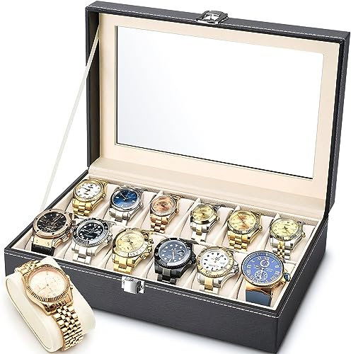 MOOING Uhrenbox mit 12 Fächern, abschließbare Schatulle für Uhren mit Glasdeckel, Uhrenschatulle mit abnehmbaren Kissen, PU-Leder, Samtfutter, 30 x 20 x 8 cm