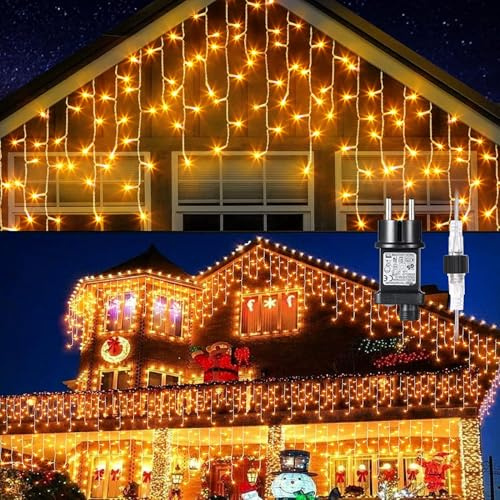GlobaLink 10M Eisregen Lichterkette, 400 LEDs mit 80 Tropfen, Warmweiß | Lichtervorhang Außen erweiterbar mit Timer und 8 Modi, IP44 wasserdichte Eiszapfen für Dach, Balkon, Pavillon, Weihnachten