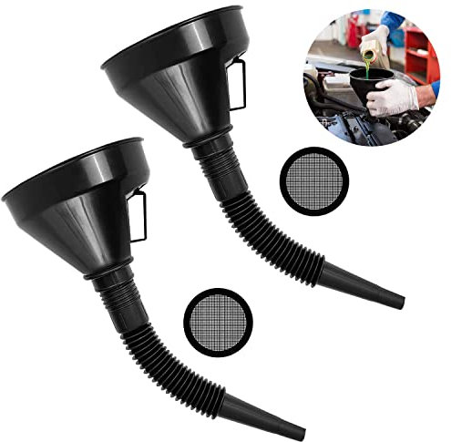 Abnaok Fuel Funnel, 2Pcs Plastic Funnel with filter screen & Removable Hose Car Funnel for Auto Oil Gasoline Petrol Diesel and Household Use (Black)