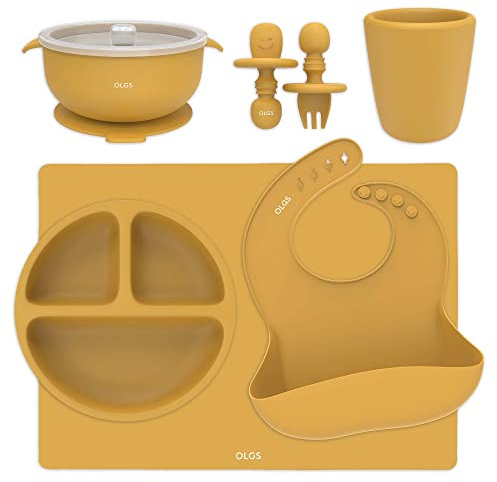 OLGS Silikon Kindergeschirr 6er Set für Baby & Kind | Kinder Geschirr, Teller, Becher, Tischset | Lätzchen, Schüssel mit Saugnapf, Kinderbesteck PREMIUM BPA Frei | Geschirrset ab 6 Monate (Mustard)