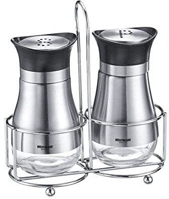 Westmark Menage 63332260 - Saliera e pepiera, 3 pezzi, capacità: 125 ml ciascuno, finestra sottostante, vetro/plastica/acciaio inossidabile, Lisbona, trasparente/argento/nero
