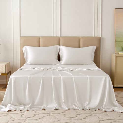 THXSILK Silk Sheet Set 4 Pcs, 22 Momme 100% Top Grade Natural Mulberry Silk Bed Sheets, Luxury Bedding Sets -Ultra Soft Durable, 1 Fitted Sheet, 1 Flat Sheet and 2 Pillow Shams (Queen, Cream White)