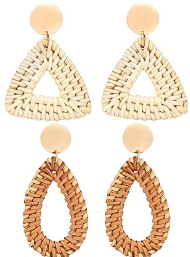 Lipfer 2 Paare Rattan -Ohrringe Für Frauen Leicht Geometrische Dangle Ohrringe Handgefertigtes Stroh Weidengeflecht Teardrop Hoop Drop Ohrringe