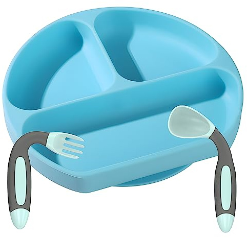Hallo Nature Babyplatte mit Saugnapf inklusive Kinderbesteck, Anti-Rutsch-Kindergeschirr, Silikonplatte für Babybrei, Kinderteller, BPA-freier Tischgeschirr, Kindertischset, Farbe: blau