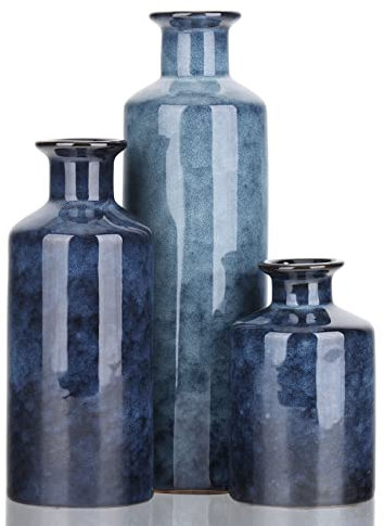 Lot de 3 petits vases à fleurs en céramique pour décoration d'intérieur, rustique, campagne, de salon, de table, de cheminée et d'entrée - Bleu