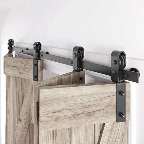 Roymelo 76 Bifold Sliding Barn Door Hardware Track Kit,Side Mounted Black J Shape Roller,Smoothly and Quietly,Assembly Easy,Fit Four 18 Bi-Folding Doors (Door Not Included)