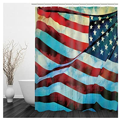 Whoiy Duschrollo Blau, Duschvorhang für Badewanne Über Eck 165X200cm Polyester Shower Curtains Amerikanische Flagge Rot Weiss Waschbar Wasserdicht