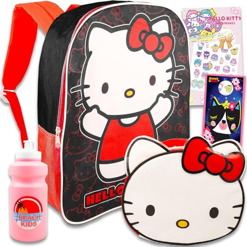 Hello Kitty Zaino e Lunch Box Set - Bundle con zaino Hello Kitty zaino, borsa per il pranzo, bottiglia d'acqua, adesivi, altro | Hello Kitty Zaino per la scuola