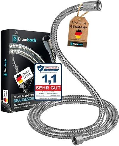 BLUMBACH Duschschlauch 200 cm Edelstahl | MADE IN GERMANY mit Verdrehschutz | Brauseschlauch 2 mtr. sehr flexibel, knickfest, Standard 1/2 Anschluß, Metallschlauch doppelt gewickelt, Trinkwasser geprüft